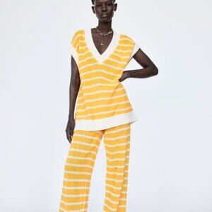 Yellow and White Striped Zara V-Neck Sleeveless Knit Sweater (NWT)